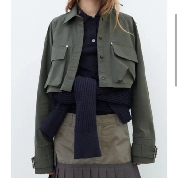 NWT ZARA KHAKI GREEN UTILITY STYLE CROPPED JACKET SHIRT - Picture 2 of 6
